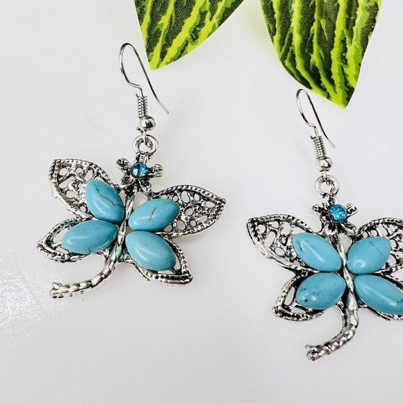 Dragonfly Teal Blue Faux Turquoise Rhinestone Silver Tone Dangle Drop Earrings - Picture 4 of 7
